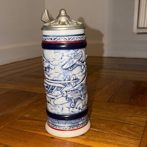 Avon Blue and White Aviation Relief Ceramic Stein with Pewter Lid